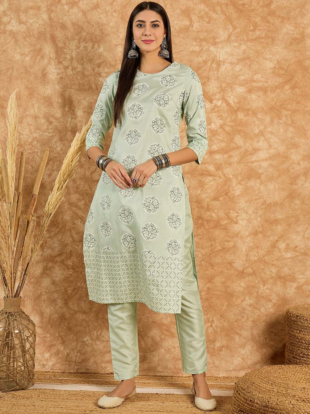 

Ziyaa Women's Green Poly Silk Kurta and Pant Set