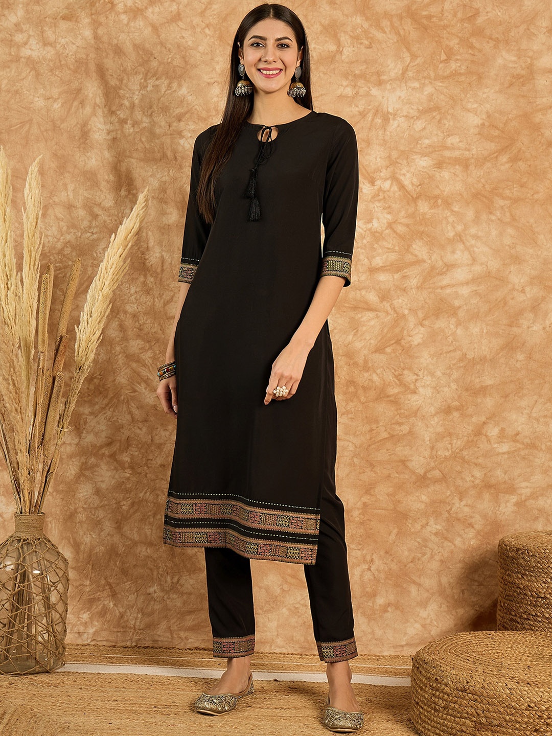 

ZIYAA Tie-Up Neck Neck Straight Kurta With Trousers, Black