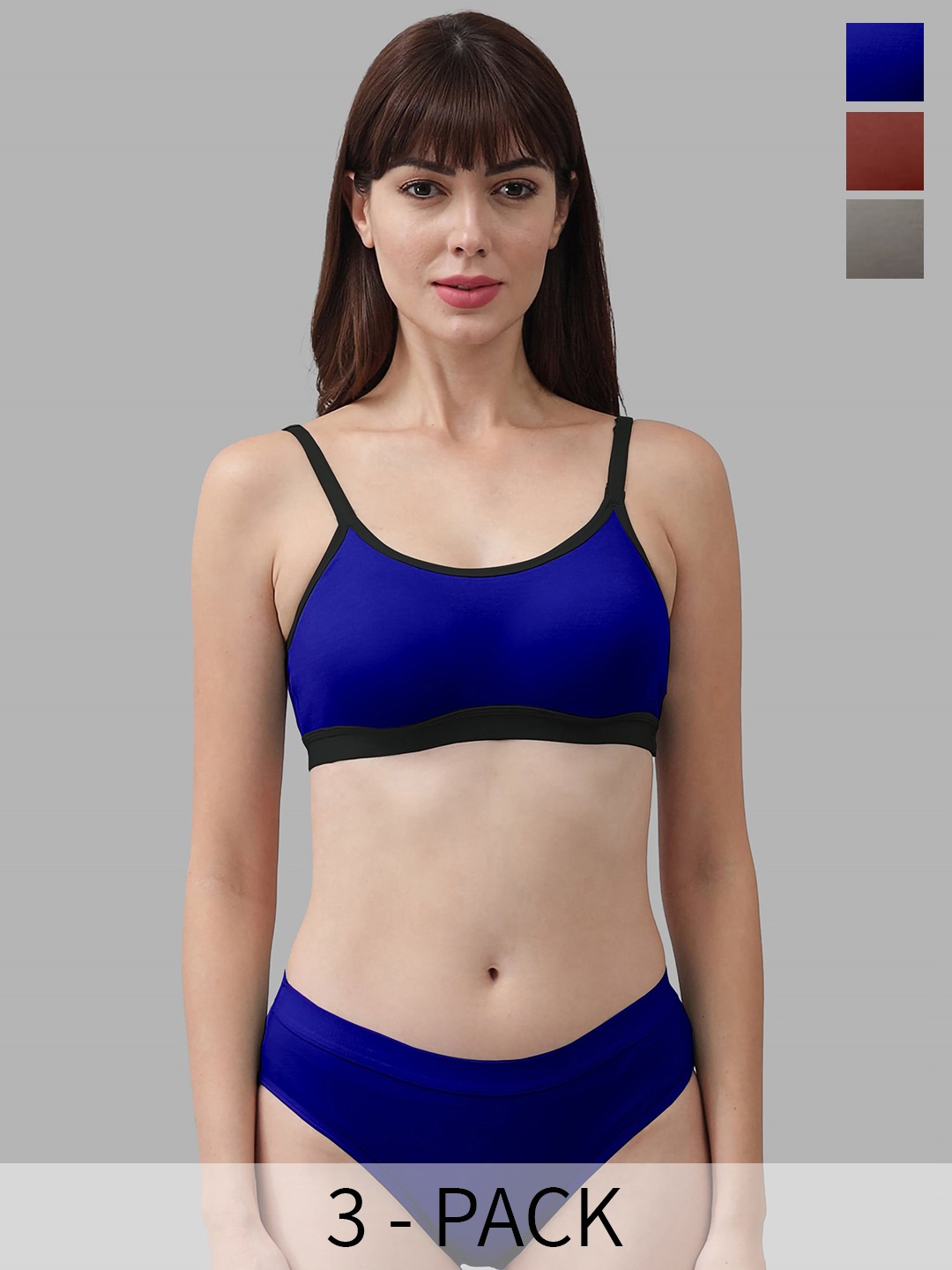 

In-Curve Pack Of 3 Cotton Non Padded Bra With Mid-Rise Briefs, Maroon