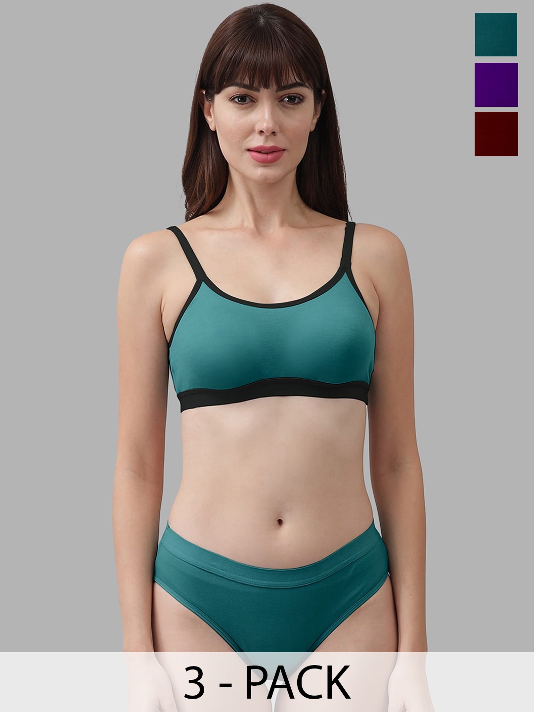 

In-Curve Pack Of 3 Cotton Non Padded Bra With Mid-Rise Briefs, Green
