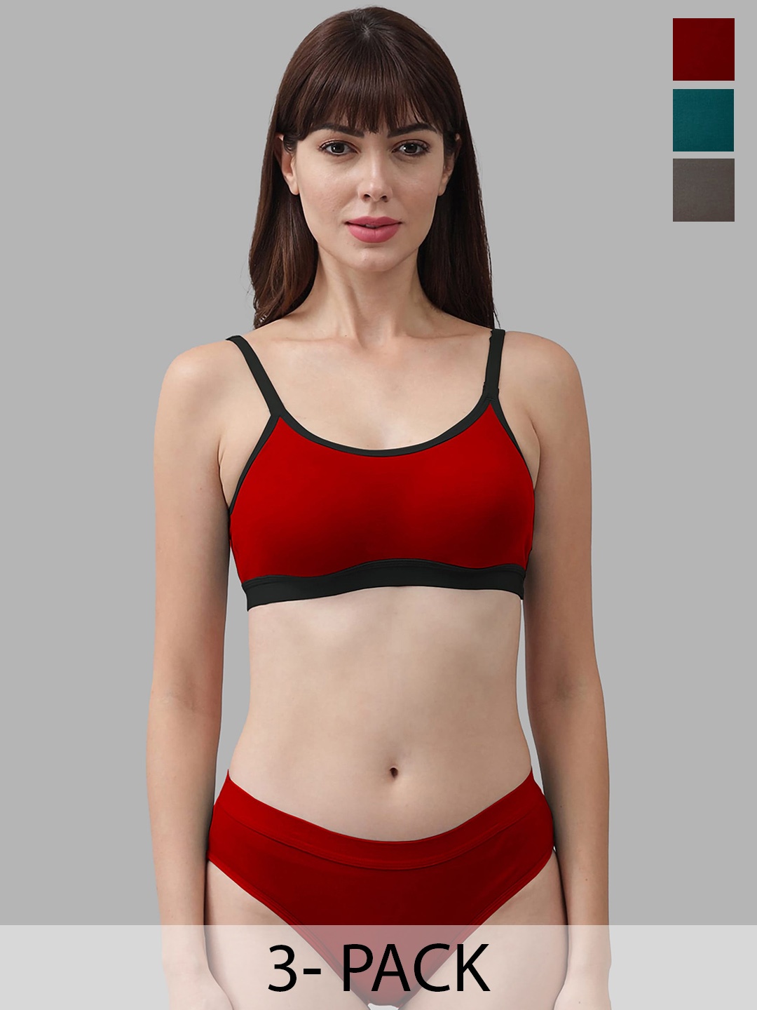 In-Curve Pack Of 3 Cotton Non Padded Bra With Mid-Rise Briefs, Red
