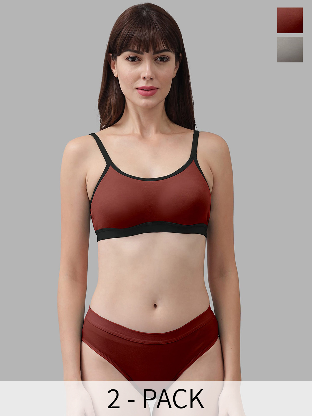 

In-Curve Pack Of 2 Cotton Non Padded Bra With Mid-Rise Briefs, Maroon