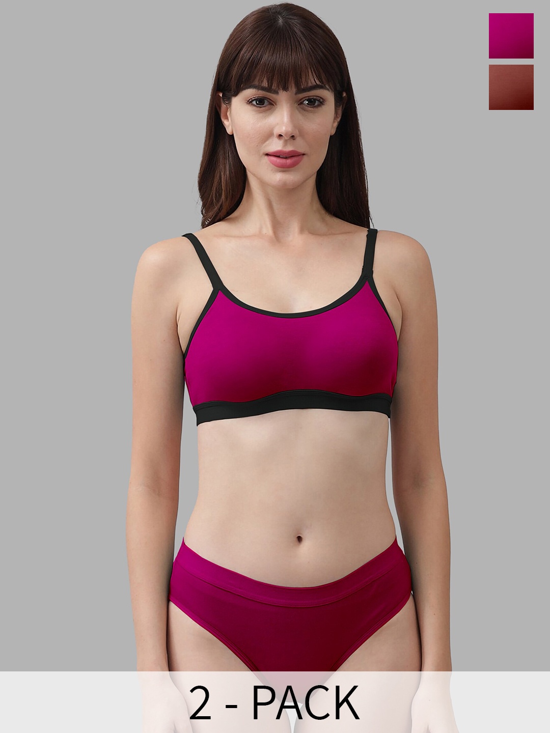 

In-Curve Pack Of 2 Cotton Non Padded Bra With Mid-Rise Briefs, Pink