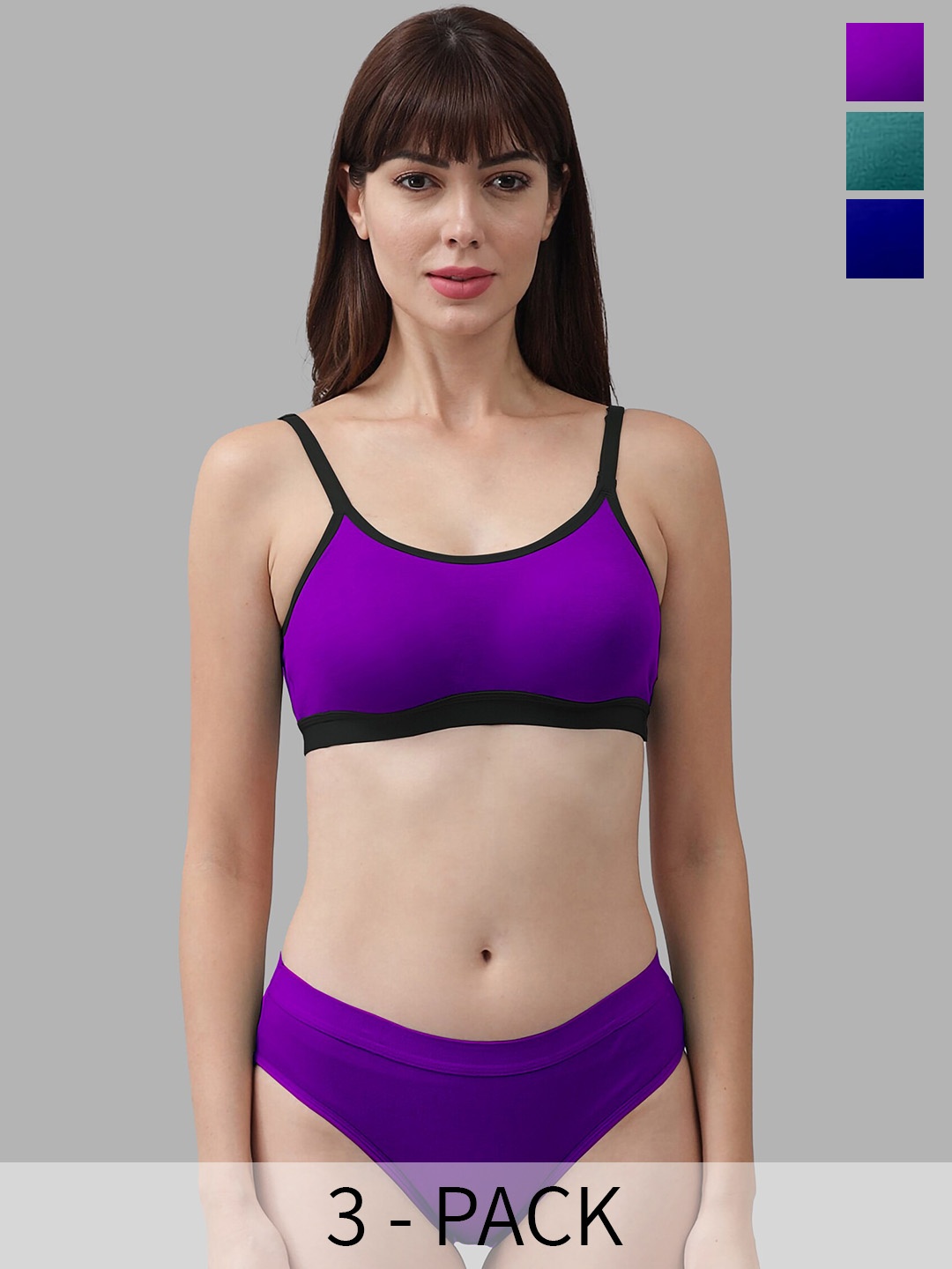 

In-Curve Pack of 3 Cotton Lingerie Set, Green