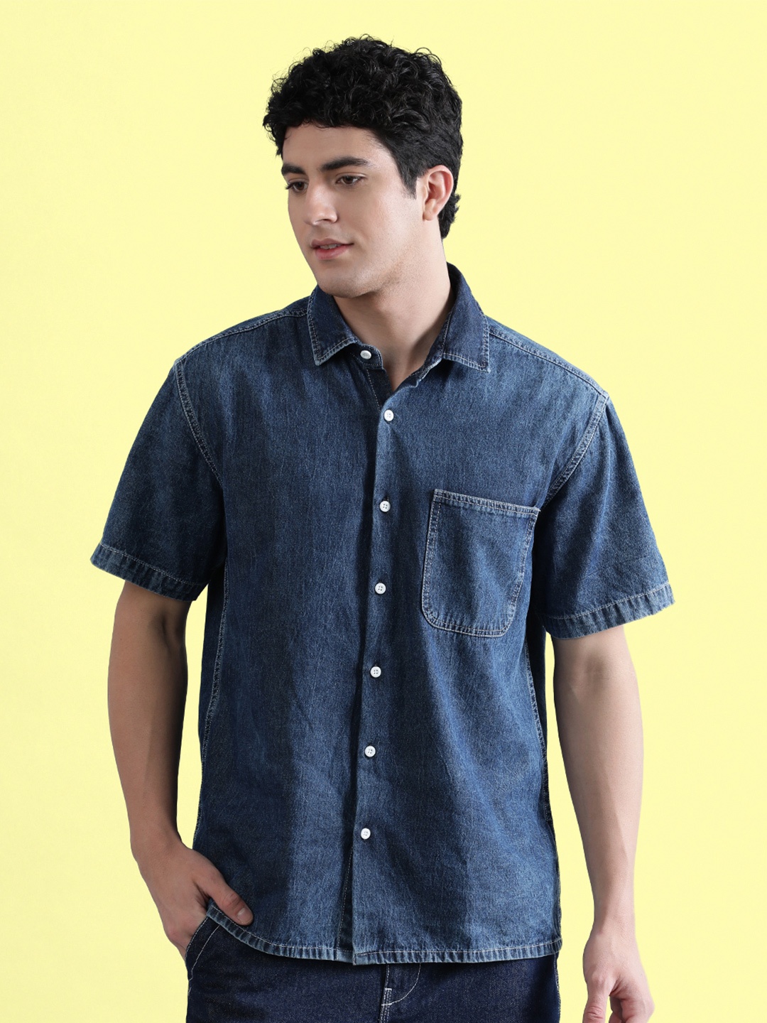 

Bene Kleed Men Spread Collar Boxy Denim Shirt With Contrast Stitch, Blue