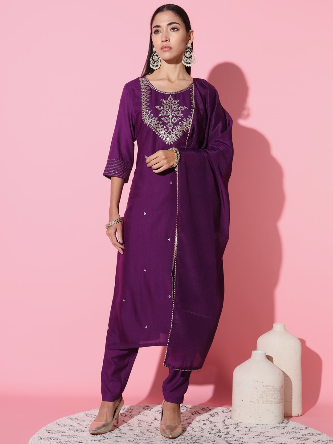 

THE52 Ethnic Motifs Yoke Design Thread Work Kurta & Trousers With Dupatta, Purple