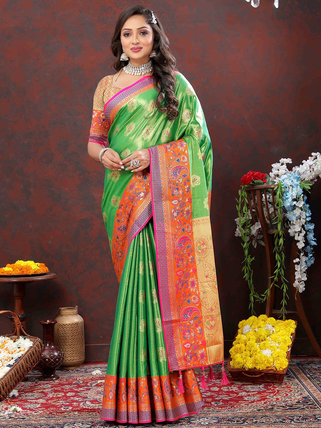 

PHEASANT Ethnic Motifs Woven Design Zari Banarasi Saree, Green