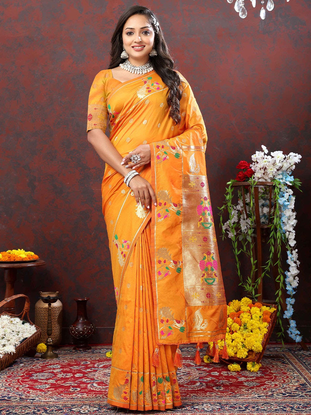 

PHEASANT Ethnic Motifs Zari Pure Silk Paithani Saree, Orange