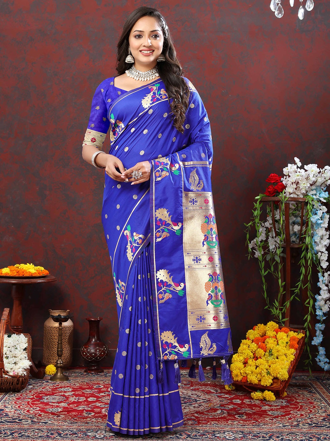 

PHEASANT Ethnic Motifs Woven Design Zari Paithani Saree, Blue