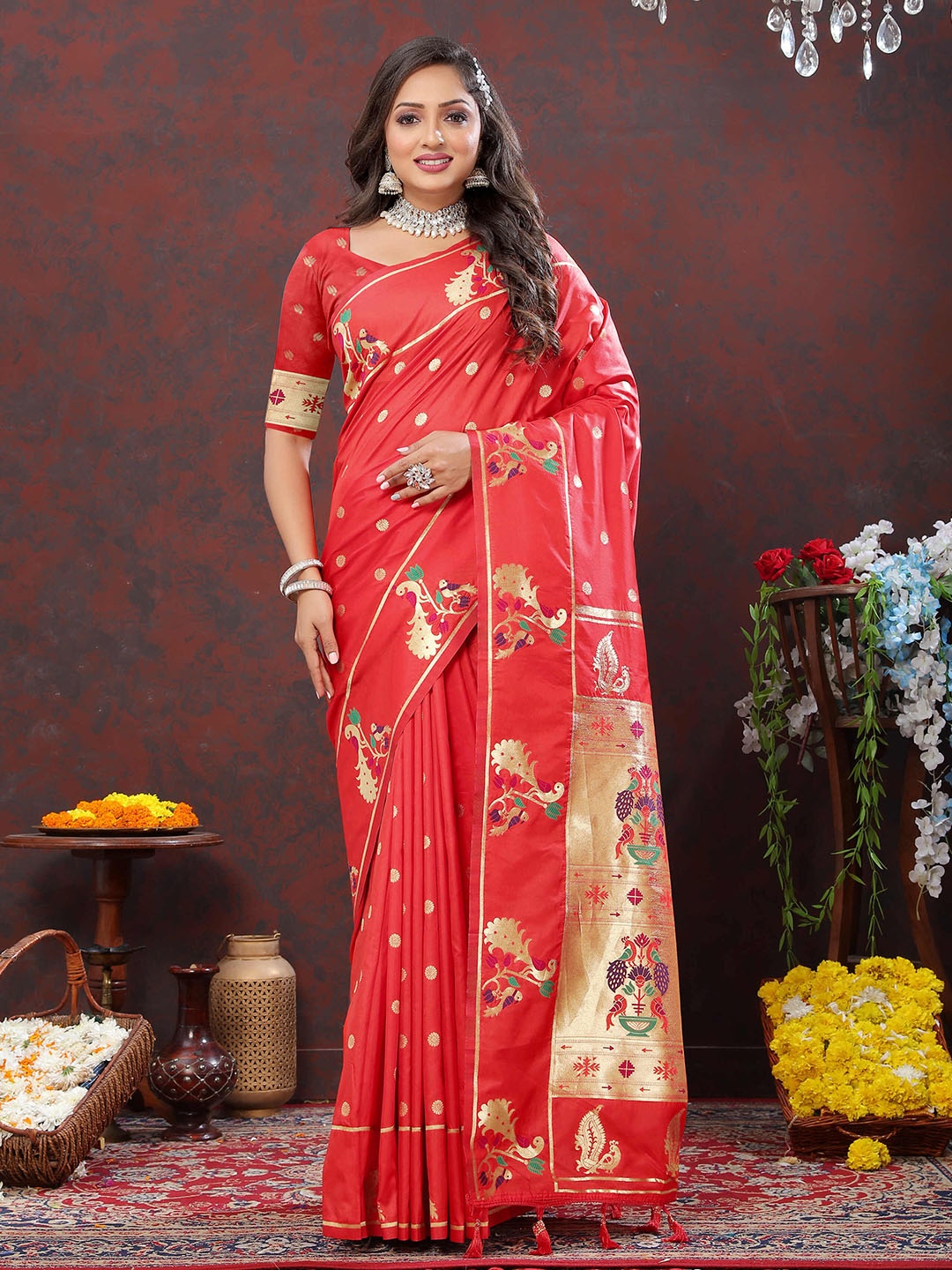 

PHEASANT Ethnic Motifs Woven Design Zari Paithani Saree, Red
