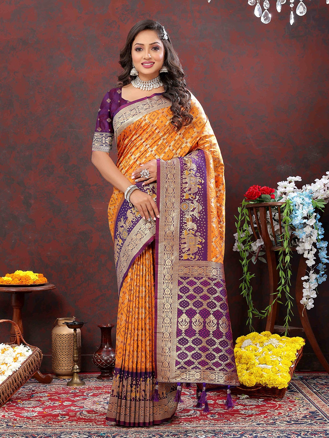 

PHEASANT Ethnic Motifs Woven Design Zari Patola Saree, Orange