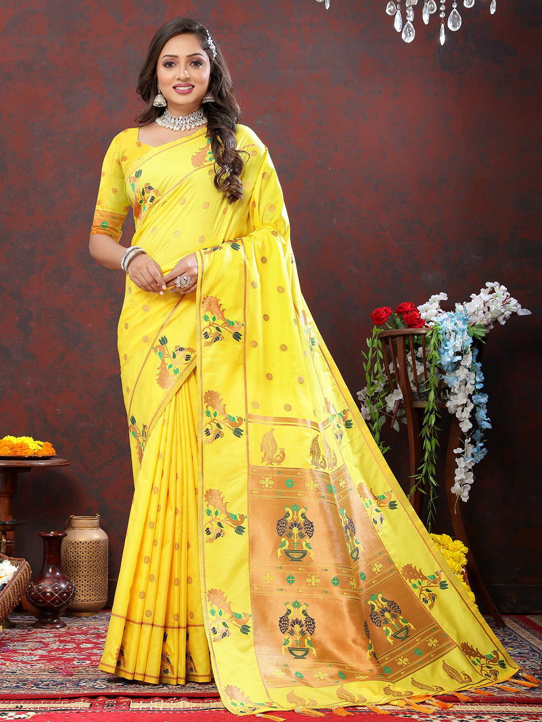 

PHEASANT Ethnic Motifs Woven Design Zari Paithani Saree, Yellow