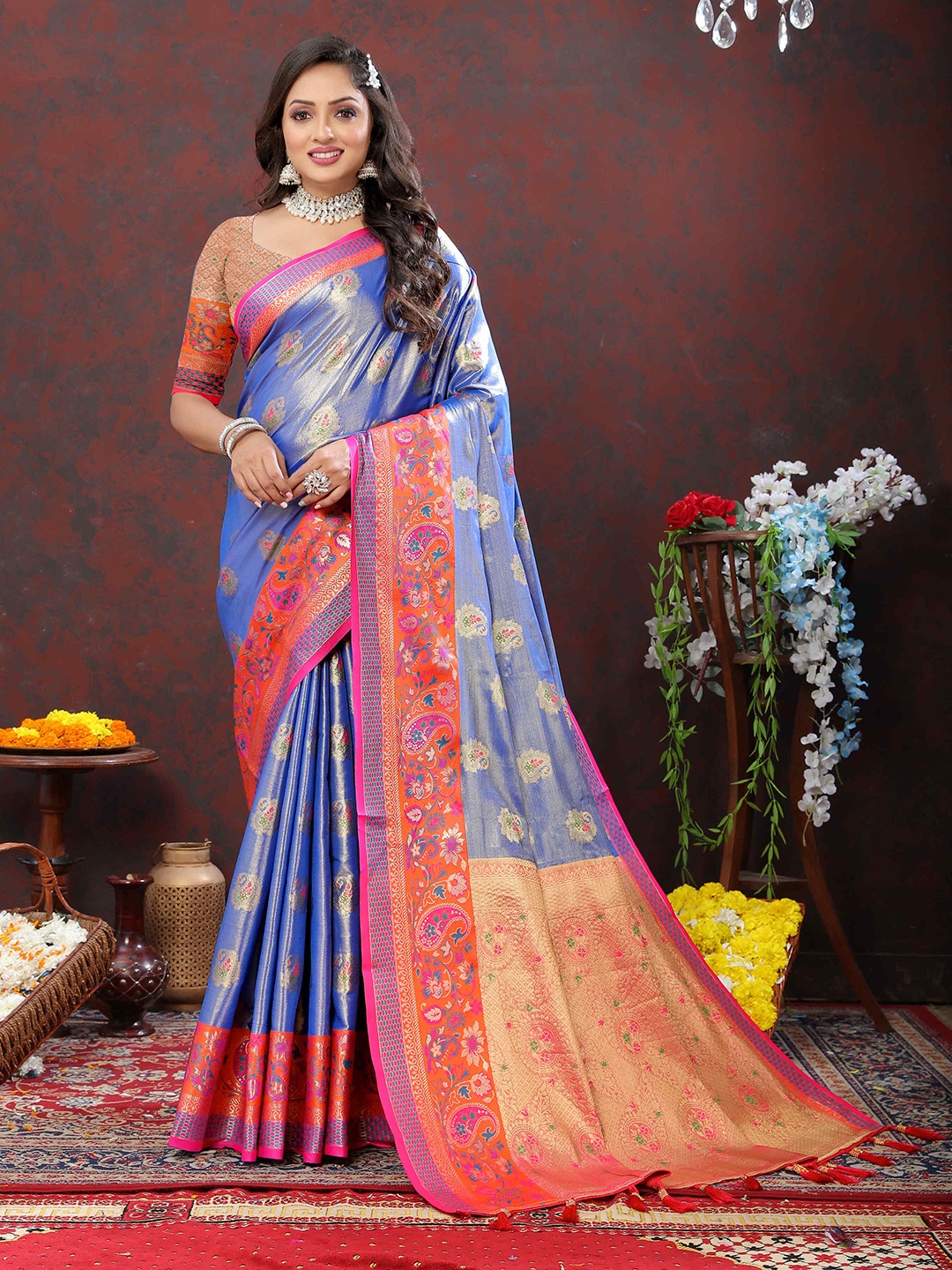 

PHEASANT Ethnic Motifs Woven Design Zari Banarasi Saree, Blue