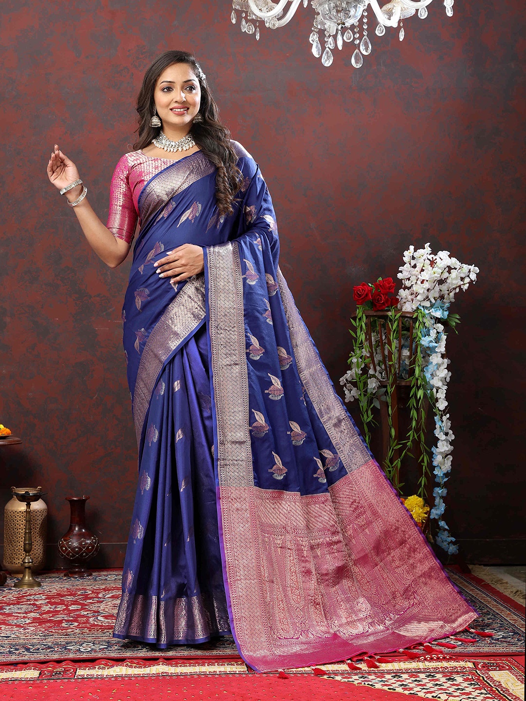 

PHEASANT Ethnic Motifs Zari Art Silk Banarasi Saree, Navy blue