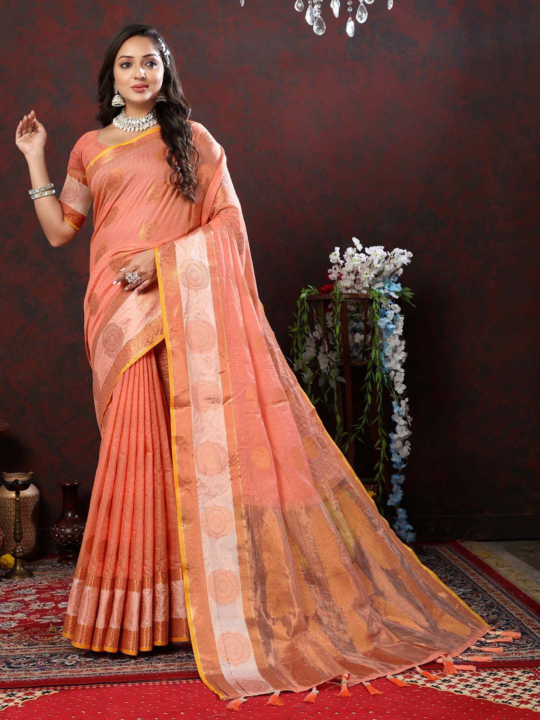 

PHEASANT Ethnic Motifs Woven Design Zari Banarasi Saree, Peach