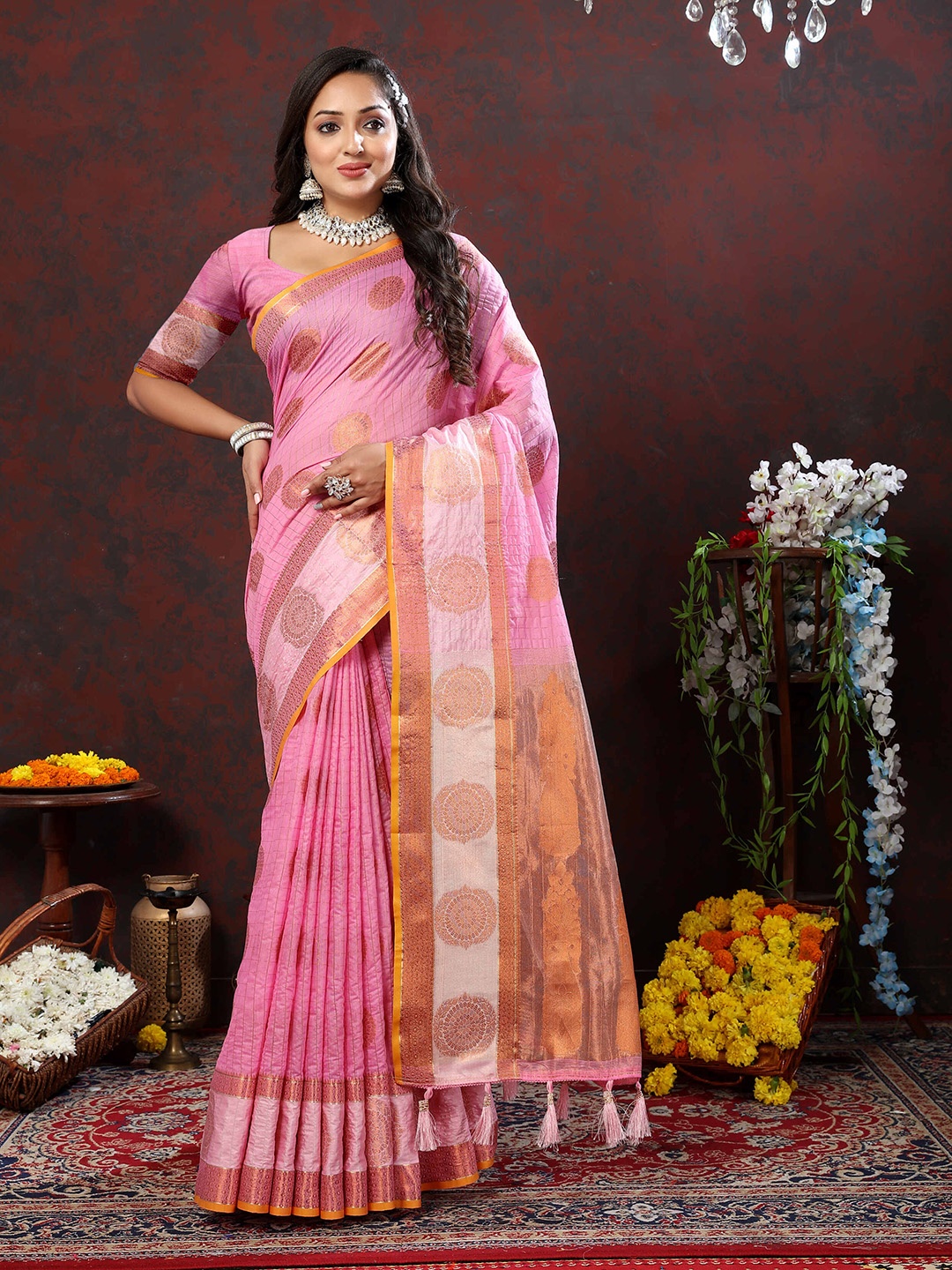 

PHEASANT Ethnic Motifs Zari Pure Cotton Banarasi Saree, Pink
