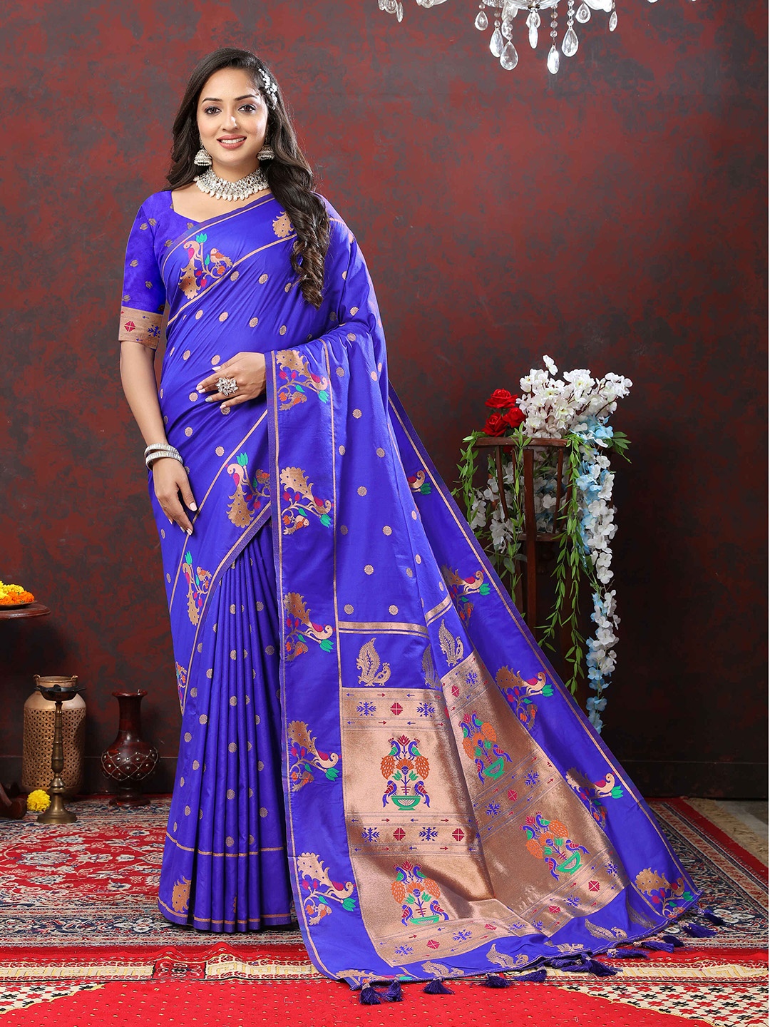 

PHEASANT Ethnic Motifs Woven Design Zari Paithani Saree, Blue