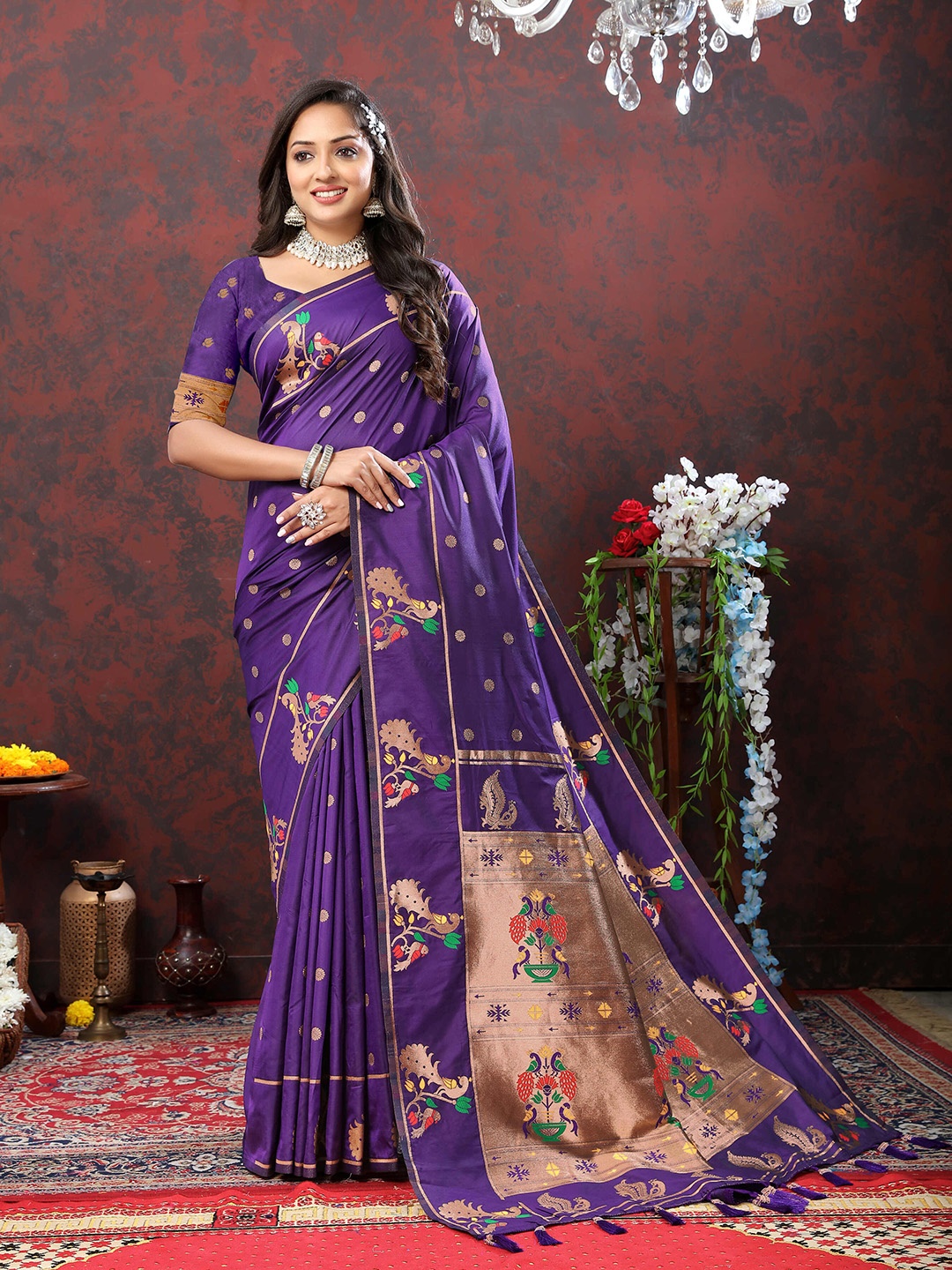 

PHEASANT Ethnic Motifs Woven Design Zari Paithani Saree, Violet