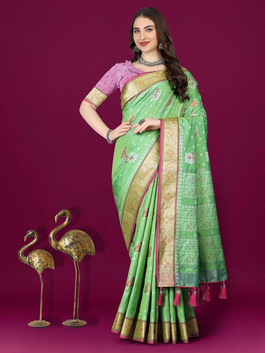 

PHEASANT Ethnic Motifs Zari Pure Silk Patola Saree, Sea green