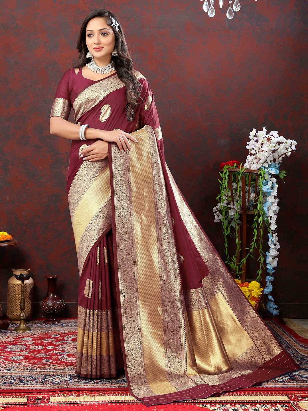 

PHEASANT Ethnic Motifs Woven Design Zari Banarasi Saree, Maroon