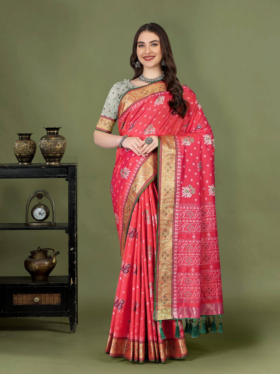 

PHEASANT Ethnic Motifs Woven Design Zari Patola Saree, Red