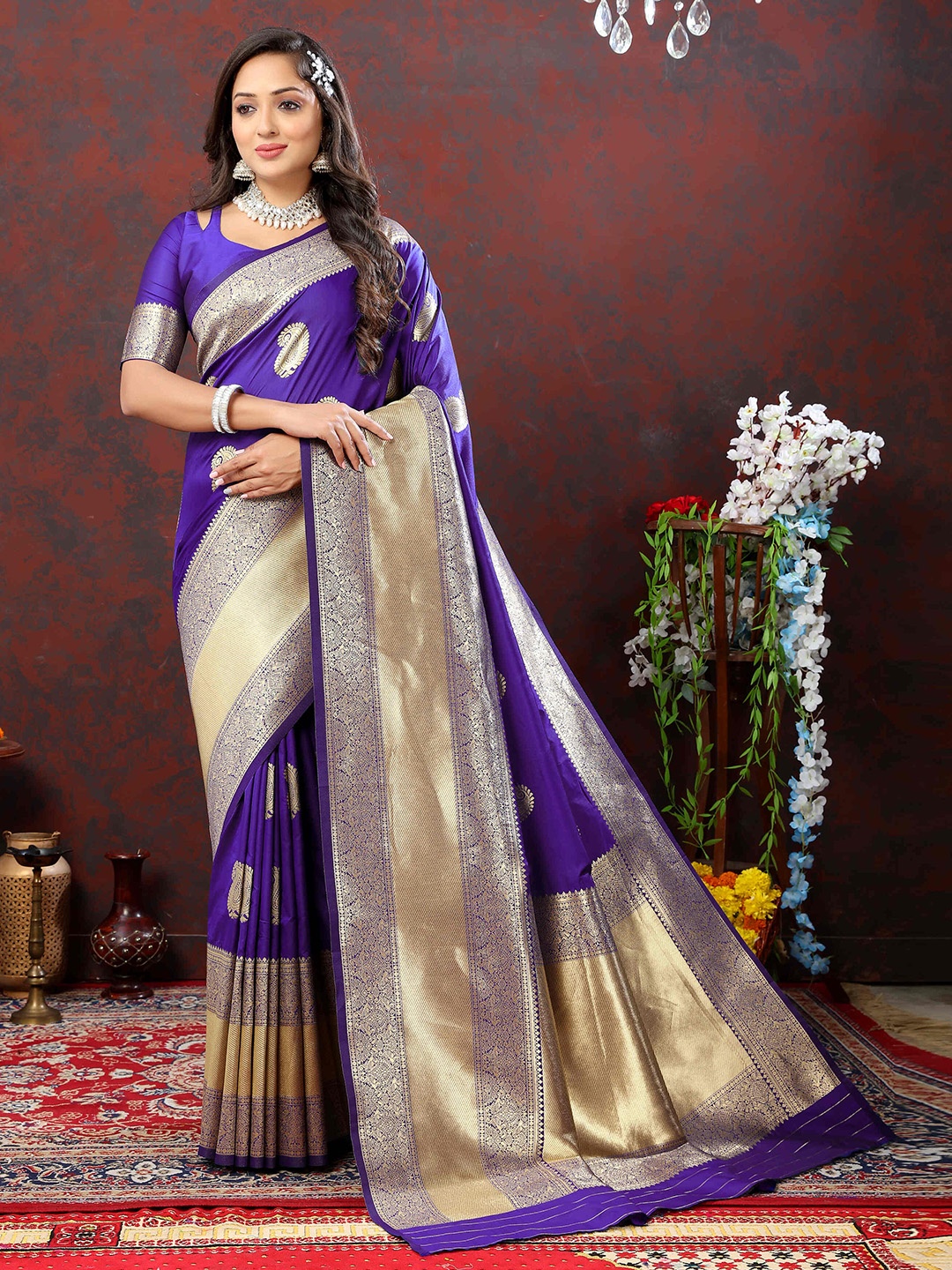 

PHEASANT Ethnic Motifs Woven Design Zari Banarasi Saree, Violet