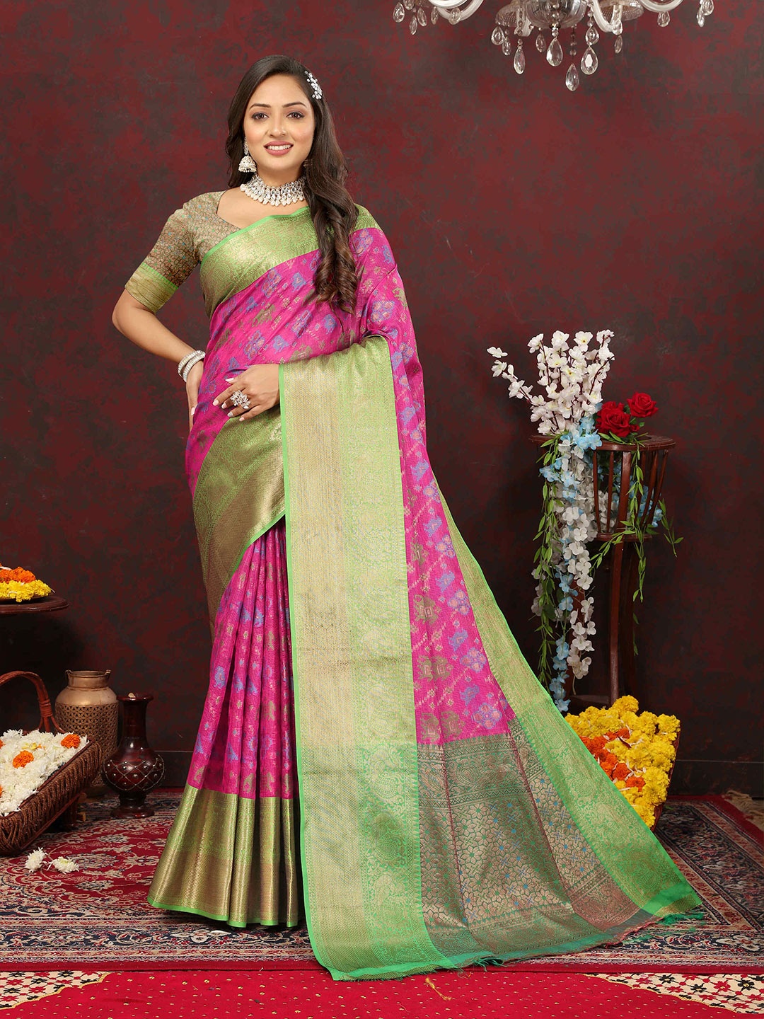 

PHEASANT Ethnic Motifs Zari Pure Cotton Banarasi Saree, Pink