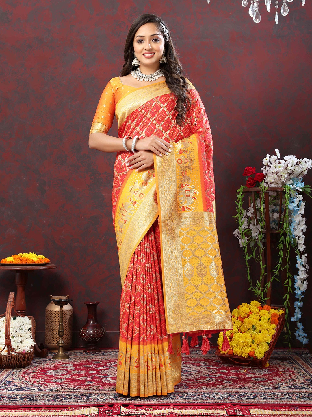 

PHEASANT Woven Design Zari Pure Silk Patola Saree, Red