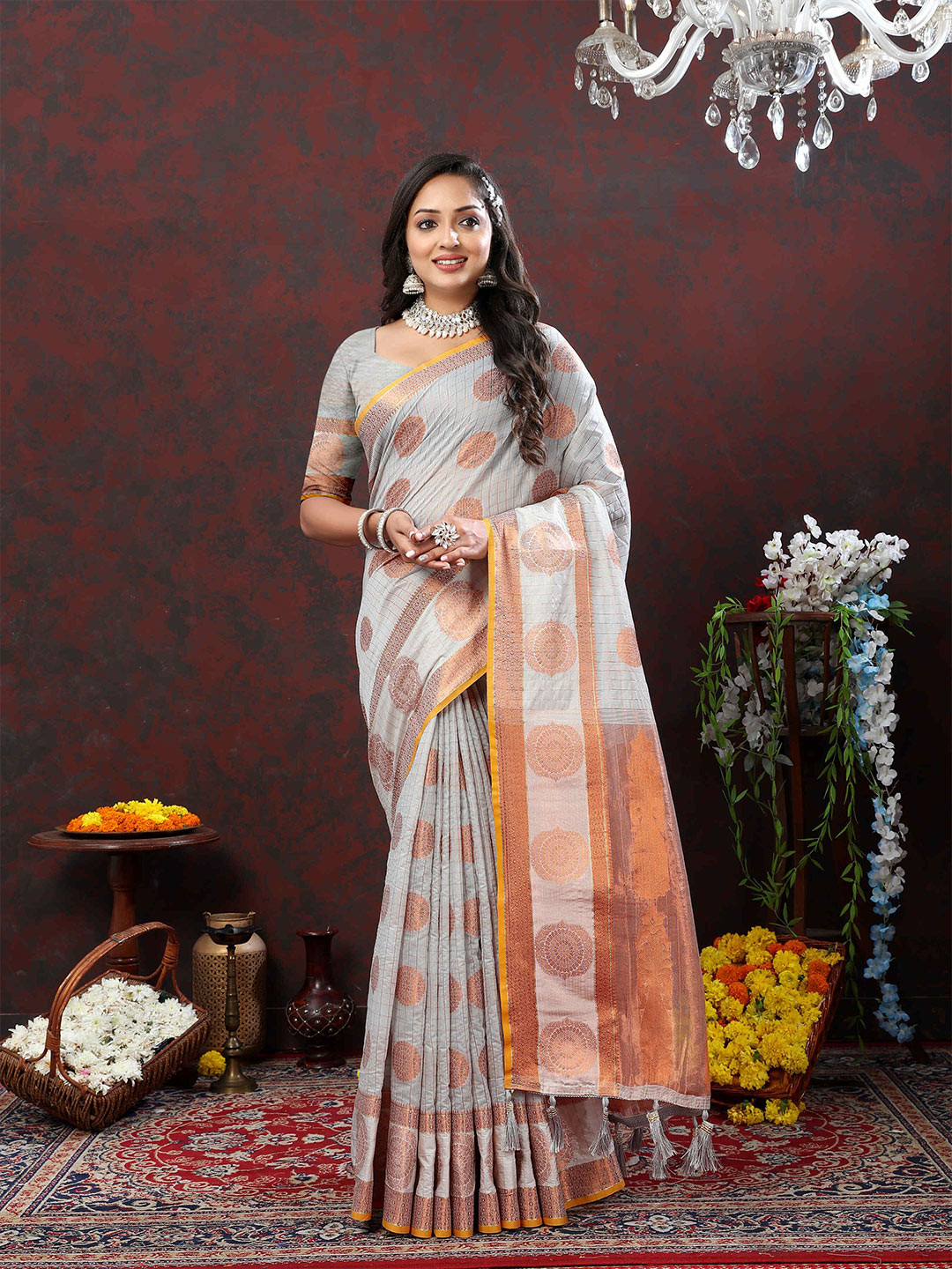

PHEASANT Woven Design Zari Pure Cotton Banarasi Saree, Grey
