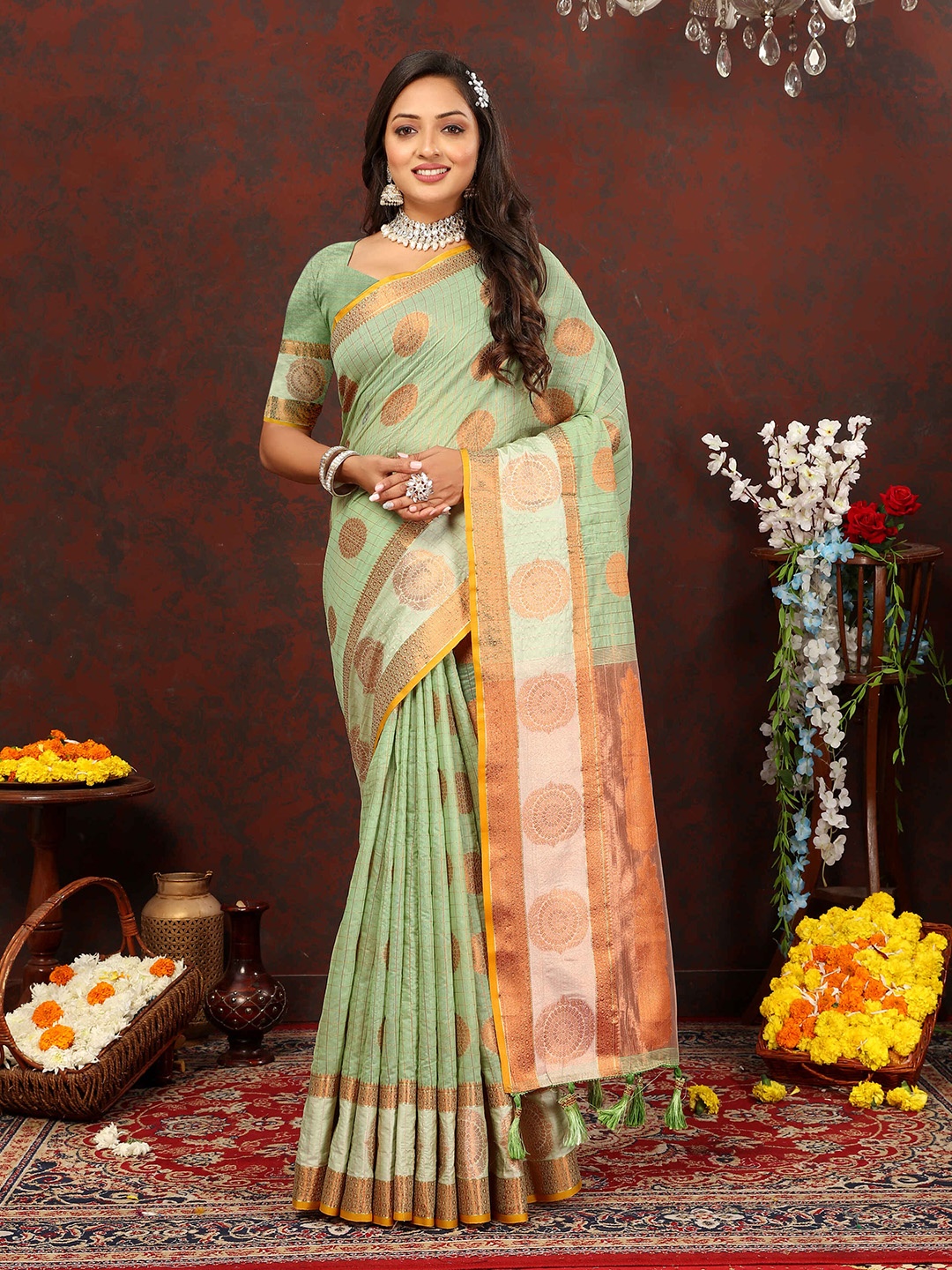 

PHEASANT Woven Design Zari Pure Cotton Banarasi Saree, Lime green