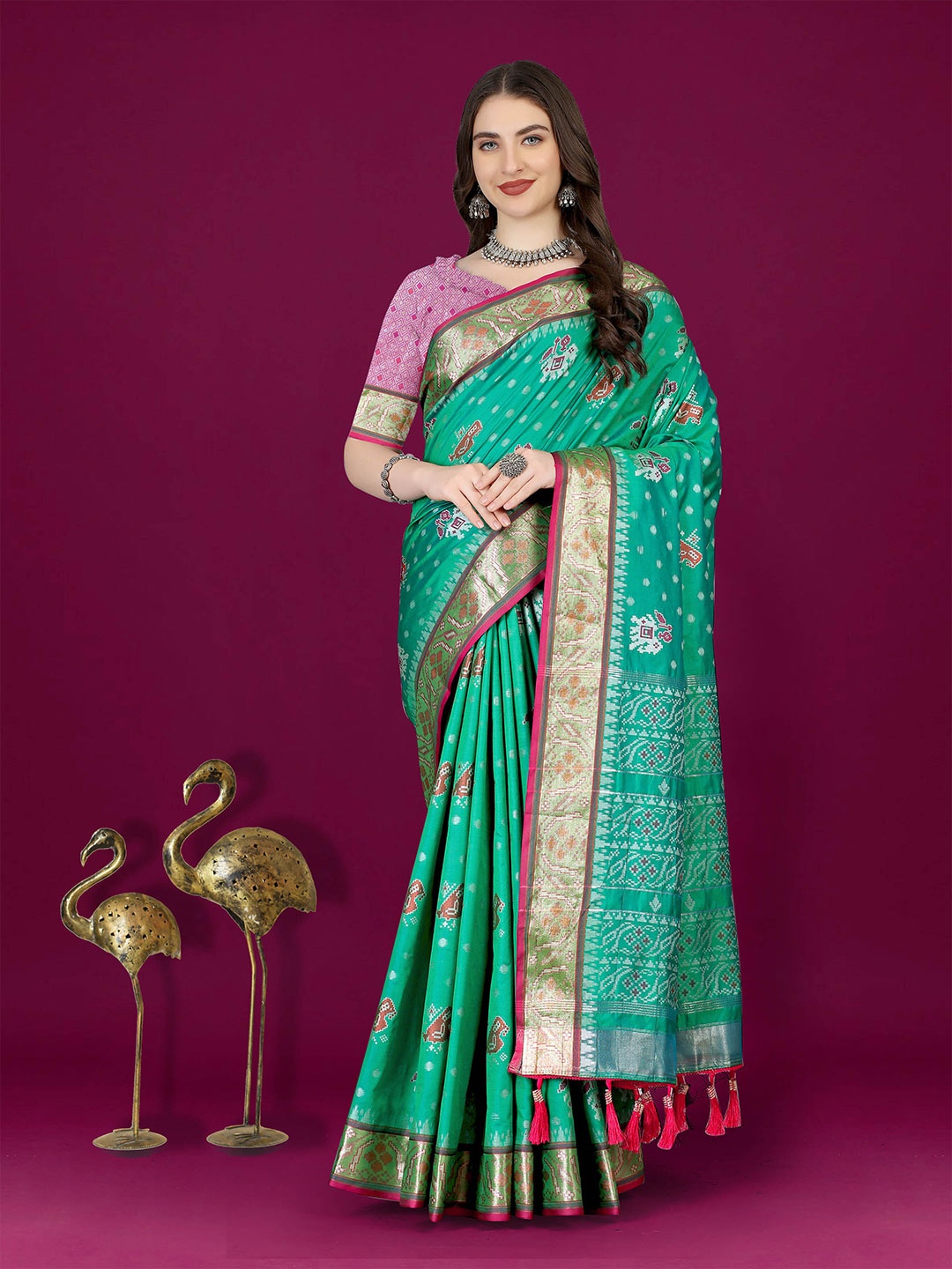 

PHEASANT Ethnic Motifs Zari Pure Silk Patola Saree, Green