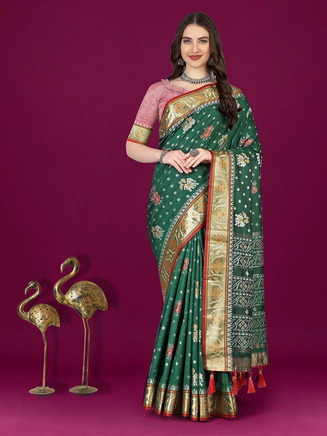 

PHEASANT Woven Design Zari Pure Silk Patola Saree, Green