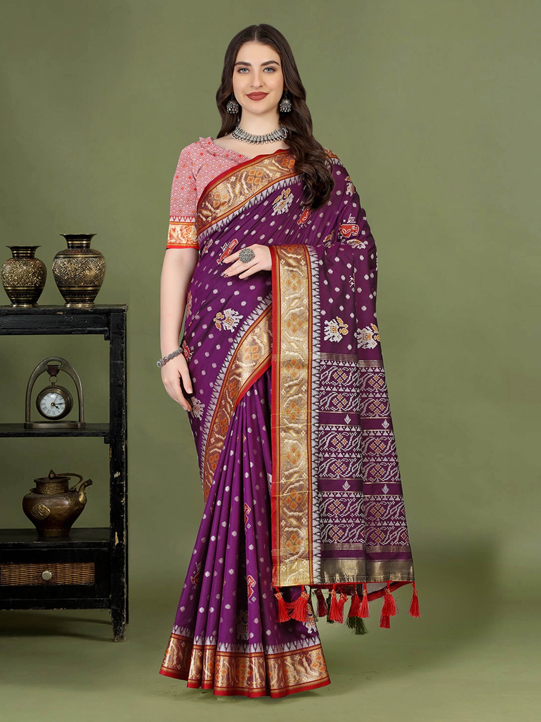 

PHEASANT Woven Design Zari Pure Silk Patola Saree, Purple