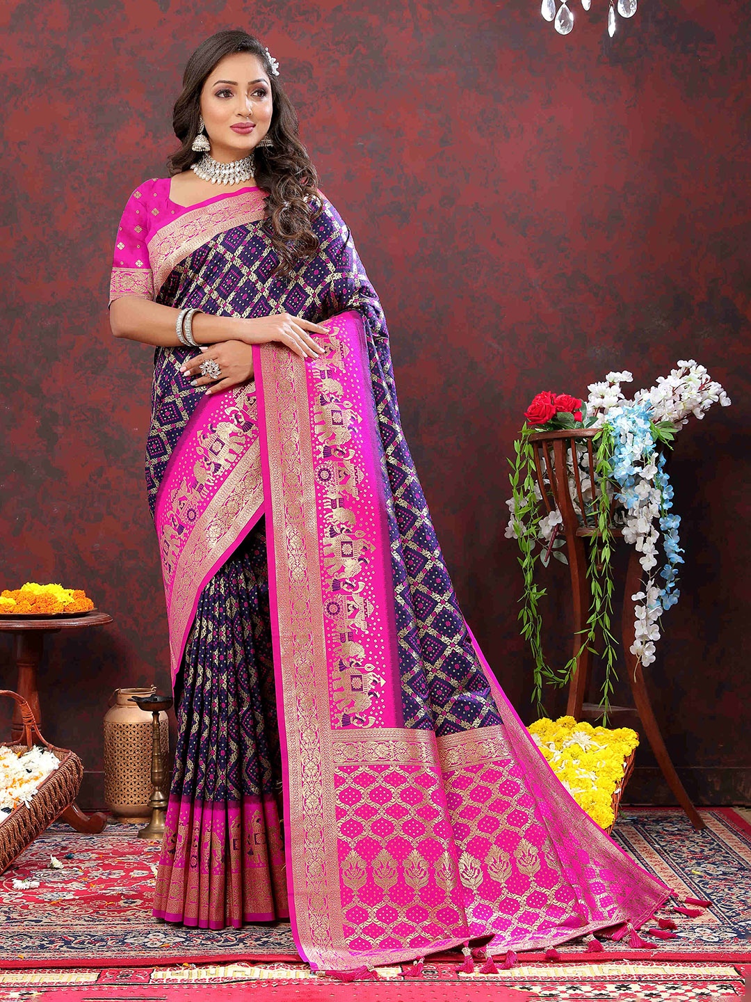 

PHEASANT Woven Design Zari Pure Silk Patola Saree, Navy blue