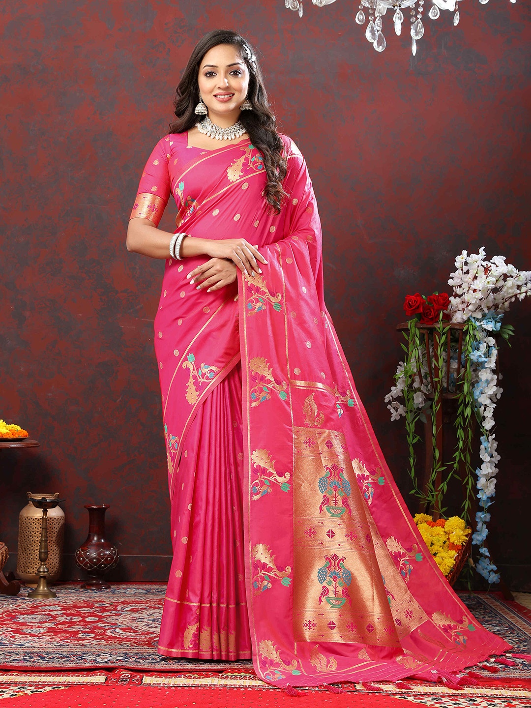 

PHEASANT Woven Design Zari Pure Silk Paithani Saree, Pink