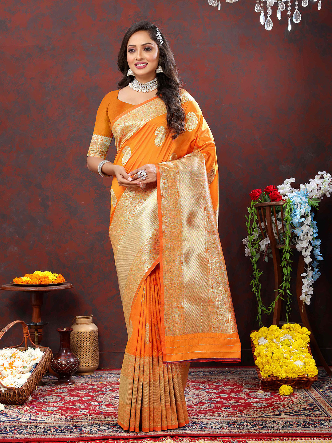 

PHEASANT Zari silk Saree & Blouse Piece, Orange