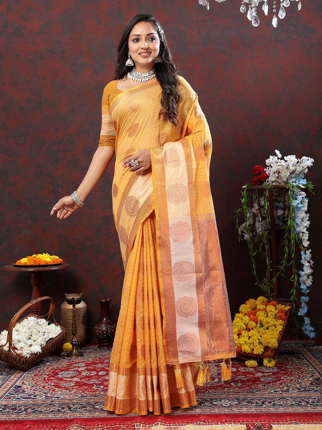 

PHEASANT Woven Design Zari Pure Cotton Banarasi Saree, Orange
