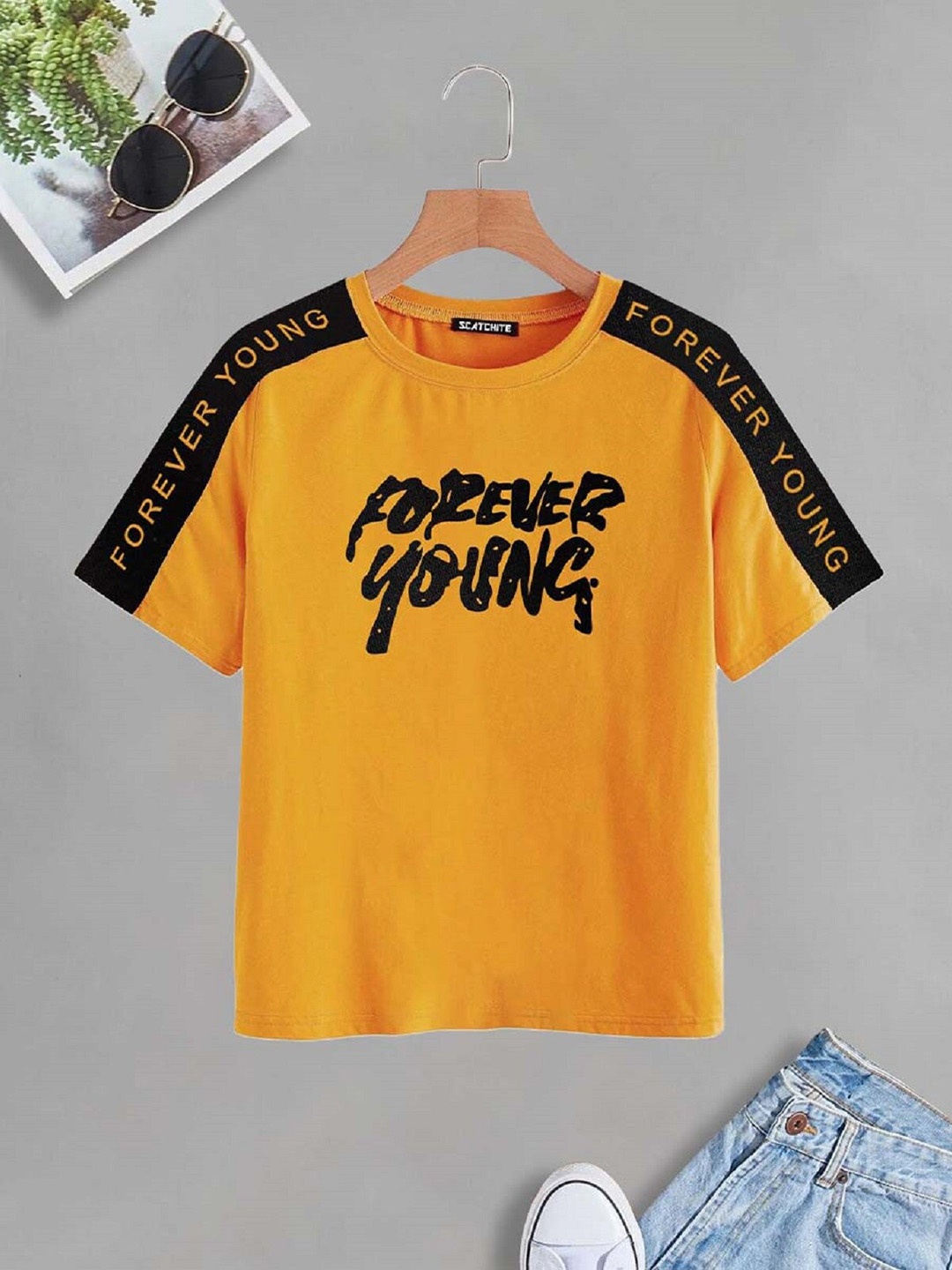 BAESD Boys Typography Printed Round Neck Cotton T-shirt, Mustard