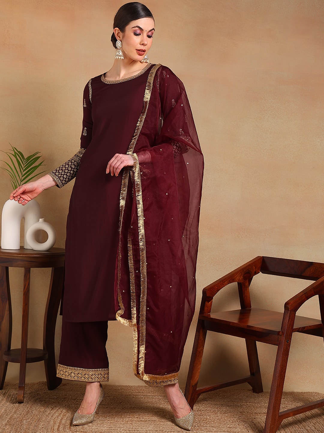 

AHIKA Burgundy Floral Embroidered Regular Sequinned Kurta With Palazzos & Dupatta