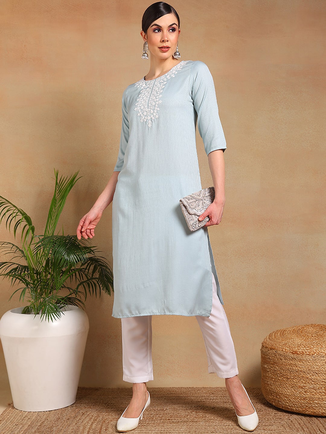 

AHIKA Yoke Design Round Neck Thread Work Kurta, Blue