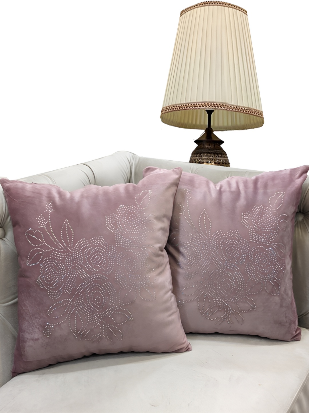 

Good Vibes Pink & Silver Toned 2 Pieces Floral Embellished Velvet Square Cushion Covers