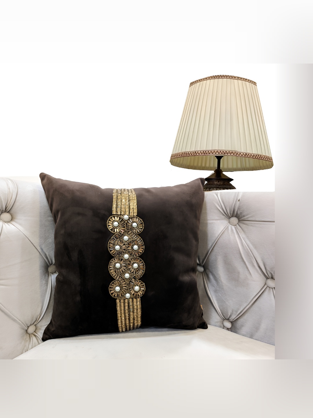 

Good Vibes Brown & Gold Toned Embellished Velvet Square Cushion Cover
