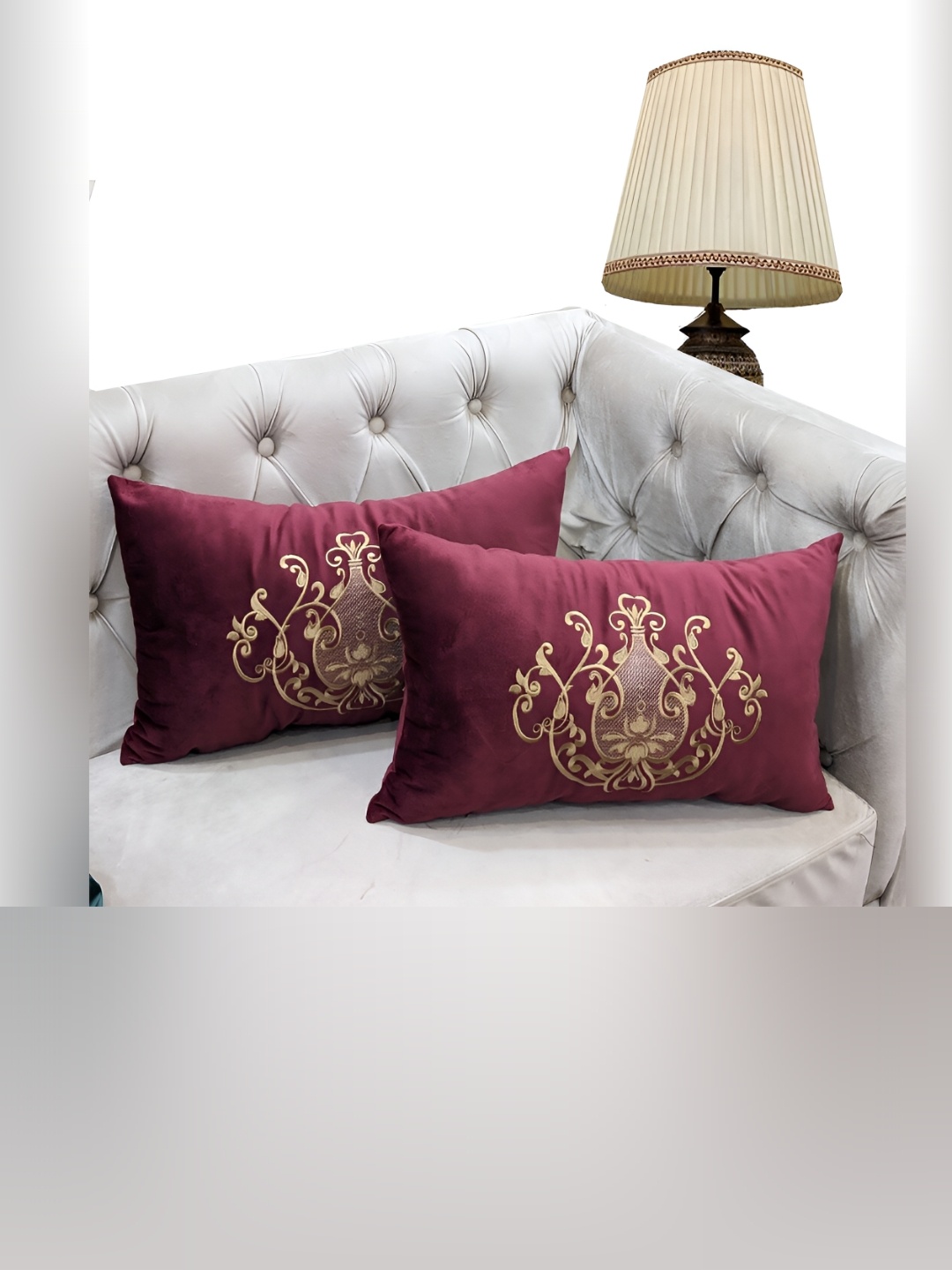 

Good Vibes Maroon & Gold Toned 2 Pieces Embroidered Velvet Rectangle Cushion Covers