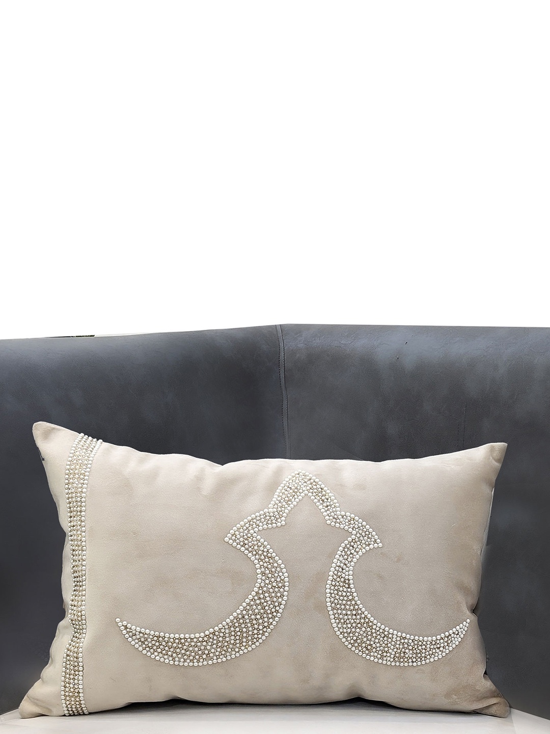 

Good Vibes Cream-Coloured & White Self Design Embellished Velvet Rectangle Cushion Cover