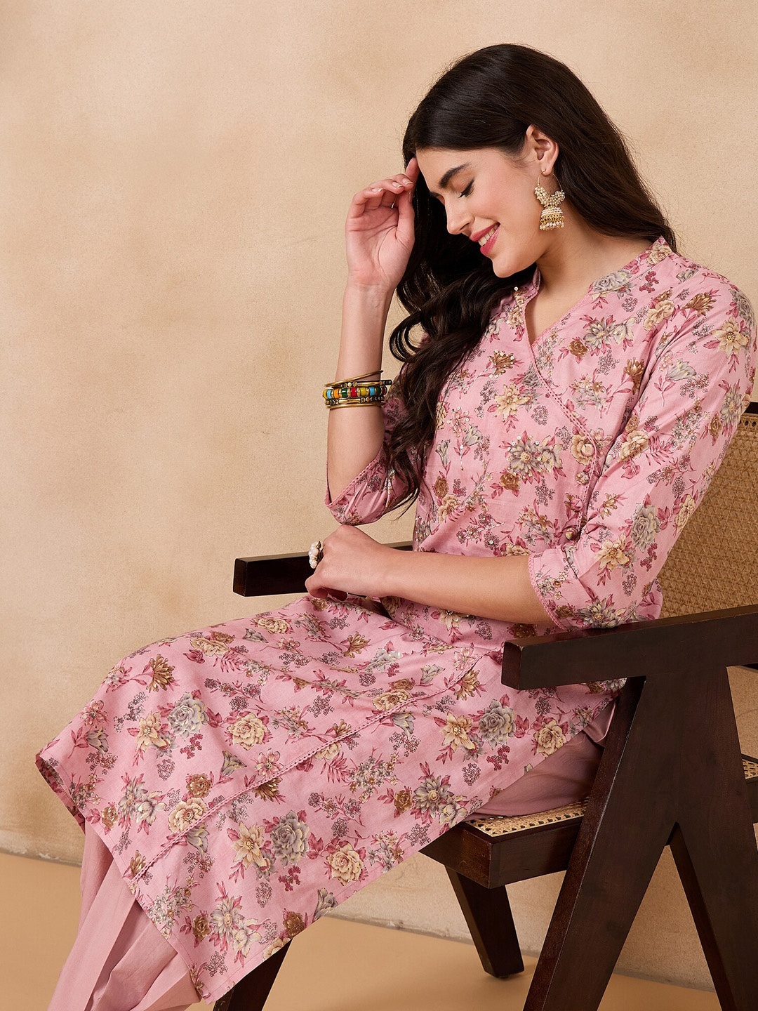 

Anouk Floral Printed Angrakha Pure Cotton Kurta with Trousers, Pink