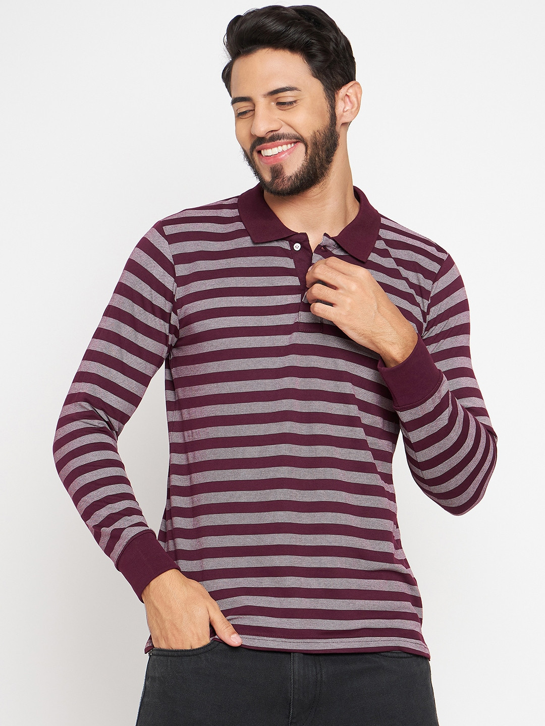 

Duke Striped Polo Collar Slim Fit Cotton T-shirt, Maroon