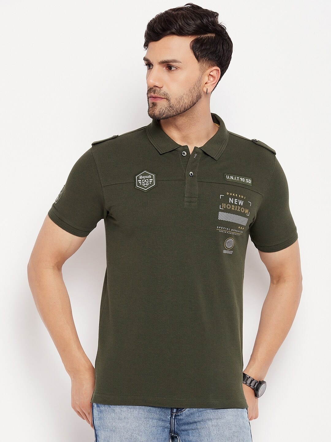 

Duke Typography Printed Polo Collar Cotton Slim Fit T-shirt, Green