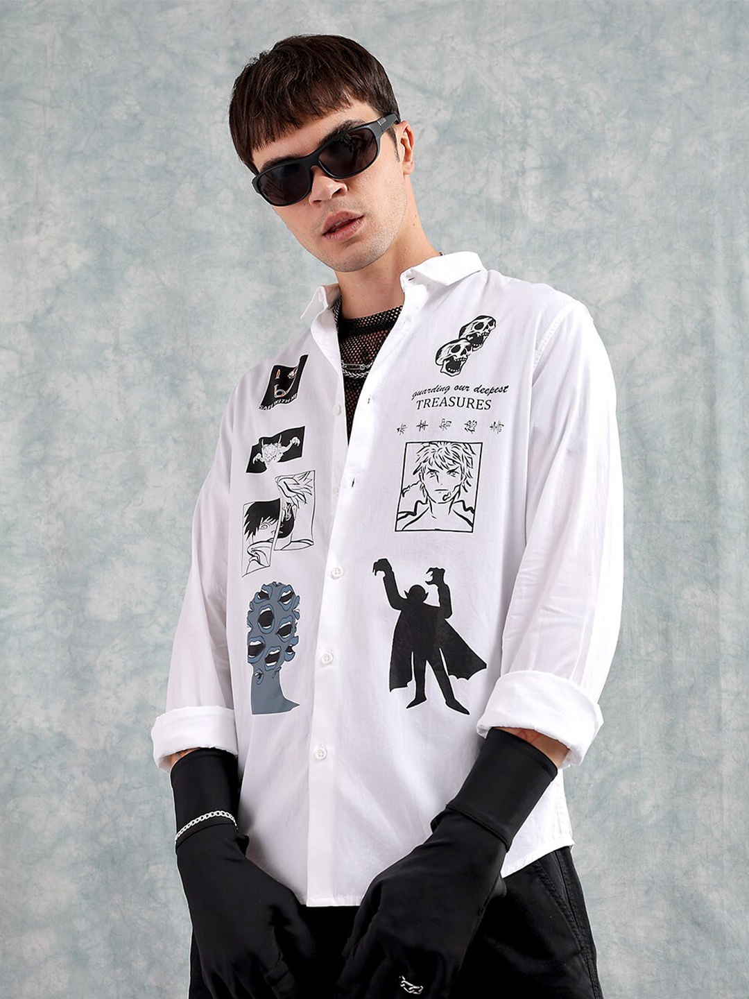 

The Indian Garage Co Men Anime Printed Cotton Oversized Boxy Streetwear Shirt, White