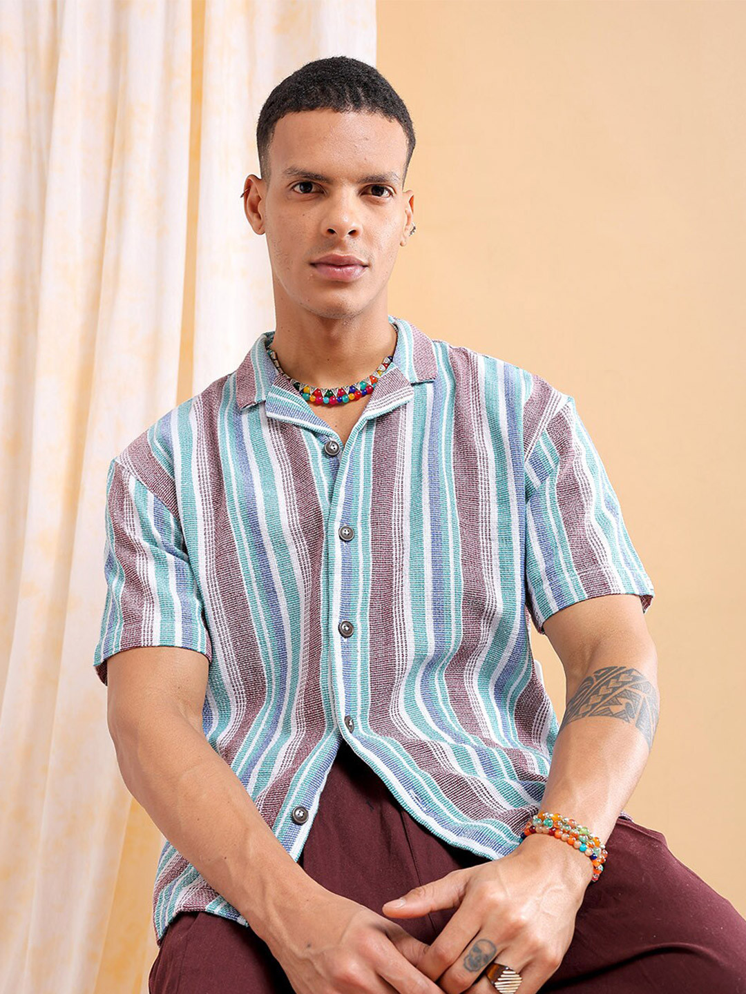 

The Indian Garage Co Men Relaxed Fit Striped Resortwear Shirt, Maroon