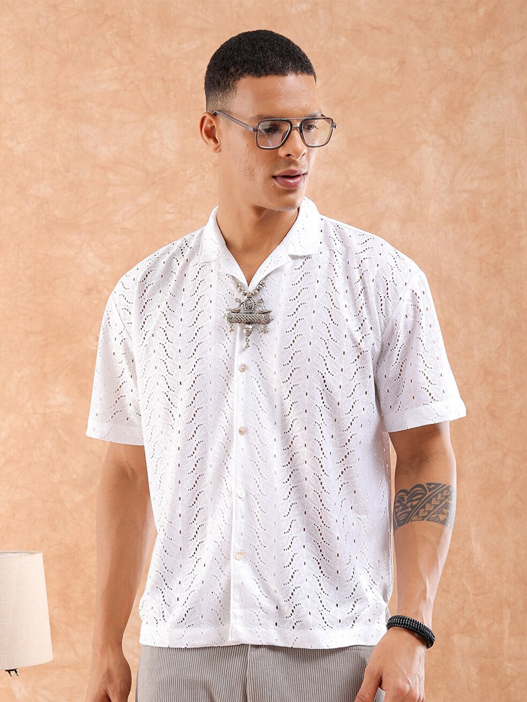 

The Indian Garage Co Men Slim Fit Warp Knit Lace Resortwear Shirt, White